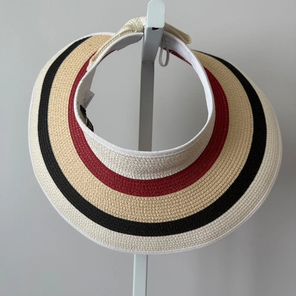 Magid OS Multicolor Straw Visor Hat Striped Bow Back Roll Up Sun Beach Accessory